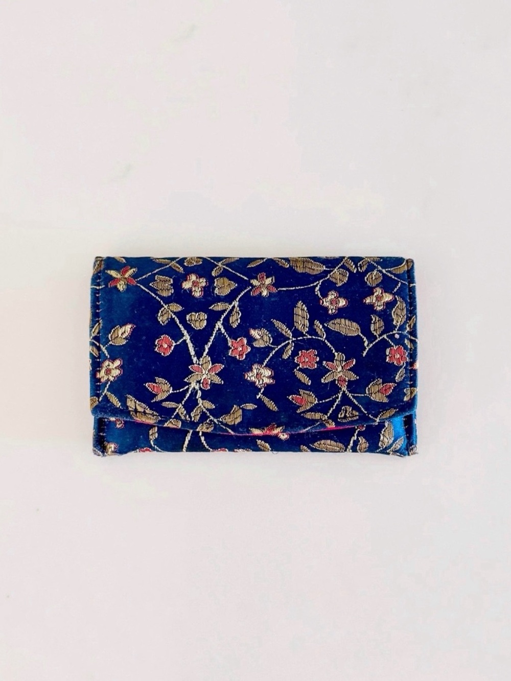 Vintage Chinese Floral Silk Embroidered Fold-Over Card Holder Wallet, Navy Blue